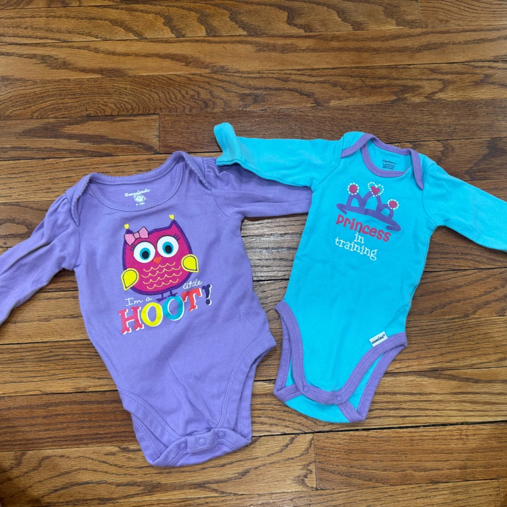 Long sleeve baby girl onesies size 0-3 months Purple and Blue Owl and Princess - Picture 2 of 3